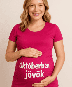 Biztonságos szülés várására készülő kismama, boldogan mosolyogva, magán viseli a "Októberben jövök".