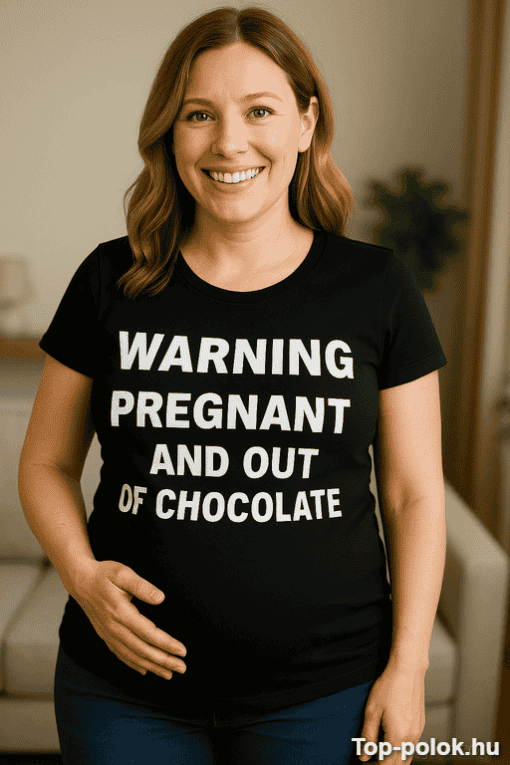 Kismama vicces feliratos póló, terhesség, humor, divatos viselet.