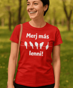 Fülöp-szárnyú madarak sziluettjei a piros pólón, természetes környezetben.