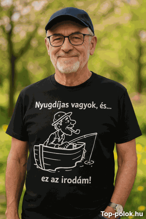 Nyugdíjas vagyok, és ez az irodám! - férfi nyugdíjas a természetben, vidám arccal, napsütéses parkba.