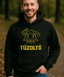 Tűzoltó feliratos fekete kapucnis pulóver, outdoor használatra.