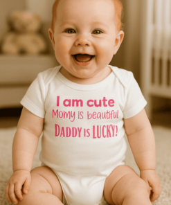 Baba nevetős arckifejezéssel ül a szőnyegen, fehér pólón, ami "I am cute Mommy is beautiful Daddy is.