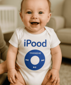 IPod logós baba mosolyog, otthon a nappaliban, boldog és játékos hangulatban.