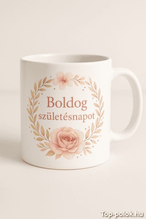 Boldog születésnapot feliratú fehér bögre virágdíszítéssel, ideális ajándék.