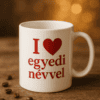 Egyszerű fehér bögre "I ❤️ egyedi névvel" felirattal, kávészemekkel körülvéve, meleg hangulatú hátté.