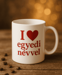 Egyszerű fehér bögre "I ❤️ egyedi névvel" felirattal, kávészemekkel körülvéve, meleg hangulatú hátté.