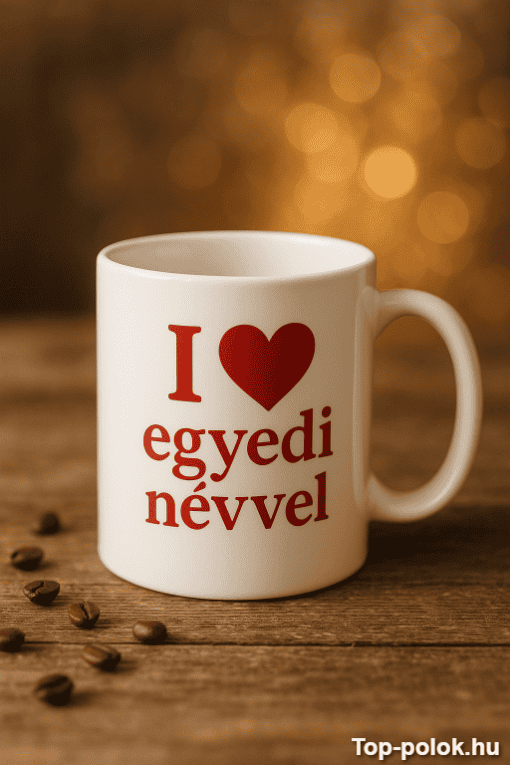 Egyszerű fehér bögre "I ❤️ egyedi névvel" felirattal, kávészemekkel körülvéve, meleg hangulatú hátté.