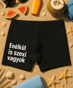 Férfi boxer rövidnadrág nyári strand témában, napozóeszközökkel és nyári dekorációval.