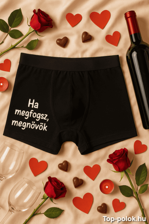 Férfi boxer alsó, romantikus ajándék ötlet, szív alakú díszekkel és borral. Ideális szerelmeseknek,.