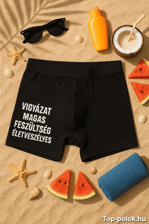 Magas minőségű férfi boxer rövidnadrág nyári strand témában, napozó és vízparti kiegészítőkkel.