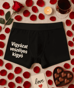 Férfi boxer alsó figyelmeztető felirattal, romantikus hangulat rózsákkal és szerelemmel.