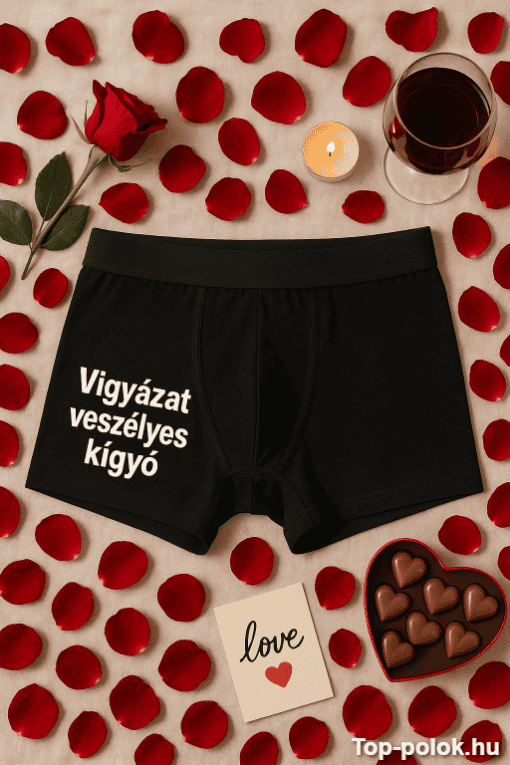 Férfi boxer alsó figyelmeztető felirattal, romantikus hangulat rózsákkal és szerelemmel.
