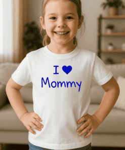 Gyermek lány mosolyogva, fehér pólón "I ❤️ Mommy" felirattal, otthoni környezetben.