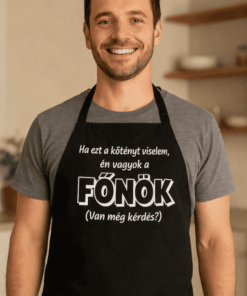 Ha ezt a kötényt viselem, én vagyok a FŐNÖK felirattal, férfi modell, konyhai környezetben.