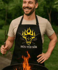 Fokozottan védett, grillező férfi a szabadban, hústűz és grillkészlet.