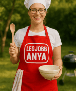 Főzőnő szakács sapkában és kötényben, kertben, mosolyogva, kezeiben egy fakanalat és egy tálat tartv.