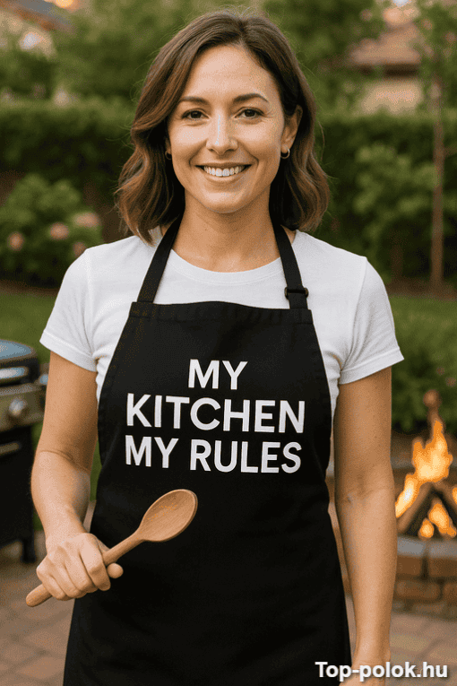 Főzőnő nő az udvaron, konyhai szabályokat hirdető kötényben, nyári kertben.