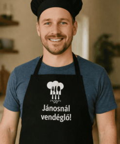 Főzőmester szakács sapkában és kötényben, mosolyogva, konyhai háttérrel.