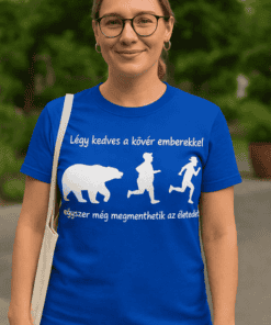 Bájos női portré, zöld park háttérrel, kék pólóban, környezetbarát témával.