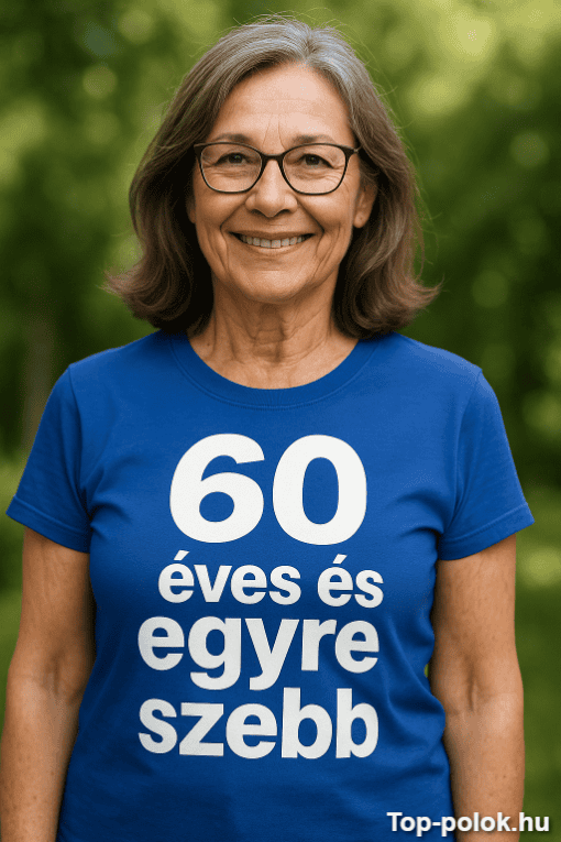 60 éves és egyre szebb feliratú kék pólós idős nő mosolyog a természetben.