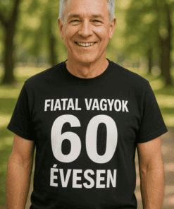 Fiatal vagyok 60 évesen feliratú férfi mosolyog a parkban, napsütéses időben.