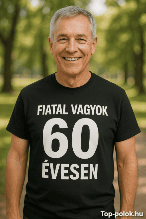 Fiatal vagyok 60 évesen feliratú férfi mosolyog a parkban, napsütéses időben.