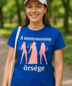 Női fiatalok a parkban, kék pólóval, humoros felirattal.