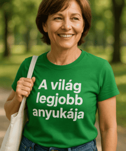 Biztonságos anyukák boldog anyukák feliratú zöld póló, természetes parkban.