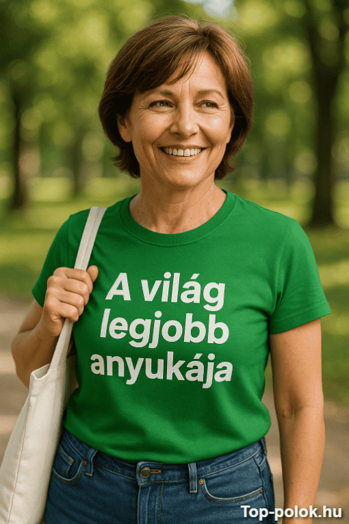 Biztonságos anyukák boldog anyukák feliratú zöld póló, természetes parkban.