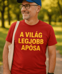 A Világ Legjobb Apja feliratú piros póló férfi arcképével, parkban.
