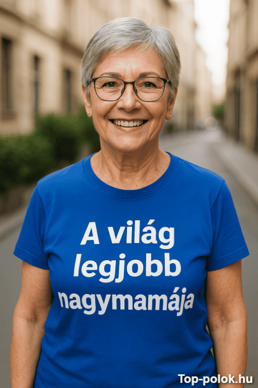 Idős nő mosolyogva utcán, kék pólón "A világ legjobb nagymamája" felirattal.