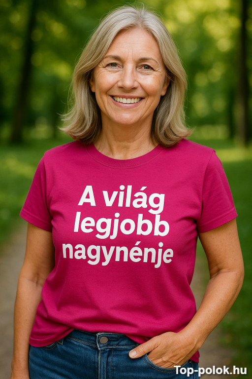 Női modell mosolyogva, zöld parkban, színes pólóban, "A világ legjobb nagymamája" felirattal.
