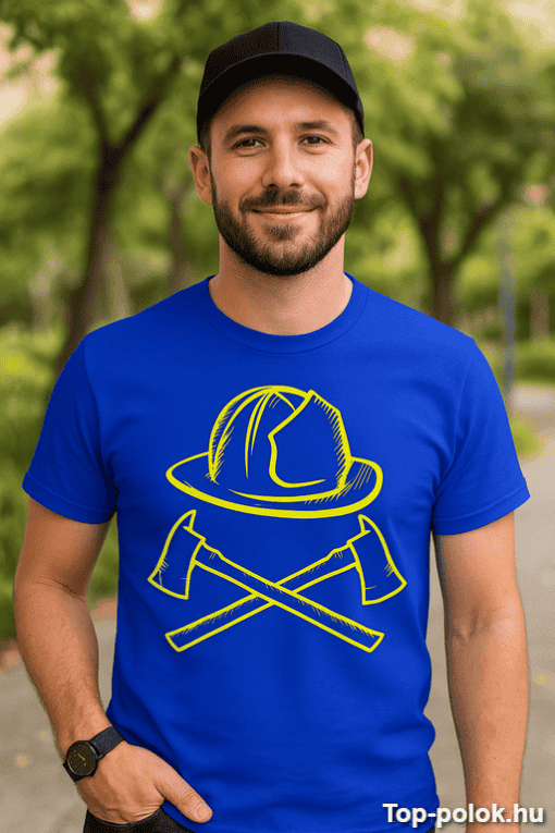 Fokozott biztonságú munkavédelmi póló, hegesztő sisak és kalapács ikonokkal.