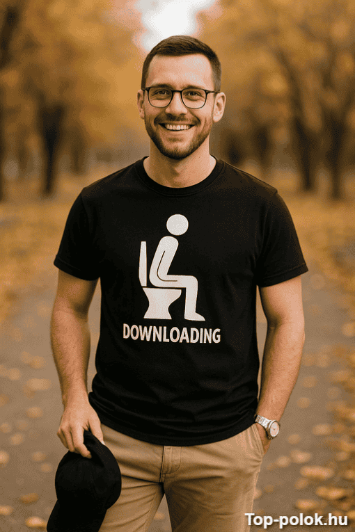 Fokozottan optimalizált ALT címke: Modern férfi a parkban, letöltés témájú pólóval, őszi tájjal hátt.