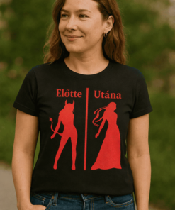 Előtte-utána női póló, humoros mintával, szabadban, zöld háttérrel.
