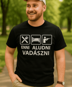 Fokhagyma, ágy, vadászfelszerelés ikonok, magyar szöveg, férfi modell, park háttér, szabadban, divat.