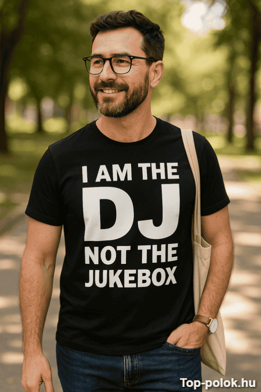 Férfi mosolygós, divatos pólóban, parkban, szöveg: "I AM THE DJ NOT THE JUKEBOX".