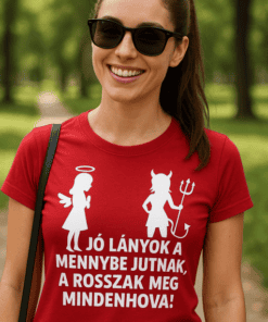 Angyal és ördög figurák a női pólón, humoros felirattal.