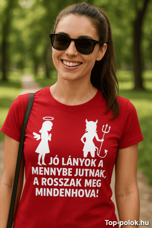 Angyal és ördög figurák a női pólón, humoros felirattal.