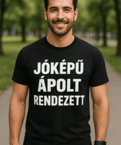 Jóképű férfi fekete pólóval, parkban, mosolyogva, szép környezetben.