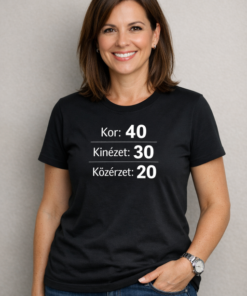 Női személyes adatok mérőszámok felirattal fekete pólón, 40-30-20 értékekkel.