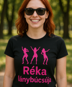 Réka lánybúcsúja feliratos női póló, színes és vidám stílusban, parkban készült fotó.