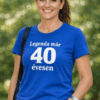 Magyarország, női sportoló, aki kék pólót visel, amelyen a "Legenda már 40 évesen" felirat olvasható.