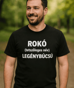 Rokon feliratos férfi póló, szabadban, zöld háttérrel.