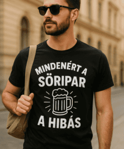 Szemüveges férfi street fashion pólóval, városi környezetben, napsütéses napon.