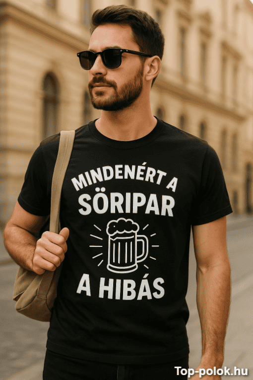 Szemüveges férfi street fashion pólóval, városi környezetben, napsütéses napon.