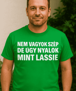 Nem vagyok szép, de olyan mint Lassie – vicces zöld póló férfiaknak, jó humorú ajándékötlet.