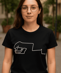 Női modell fekete pólóval, modern design, városi környezetben.