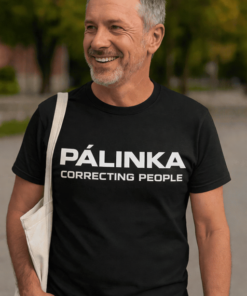 Pálinka és korrigáló emberek feliratú férfi póló, outdoor környezetben.