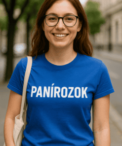 Fülhallgató feliratú kék pólós fiatal nő utcán, mosolyogva, barátságos megjelenés.